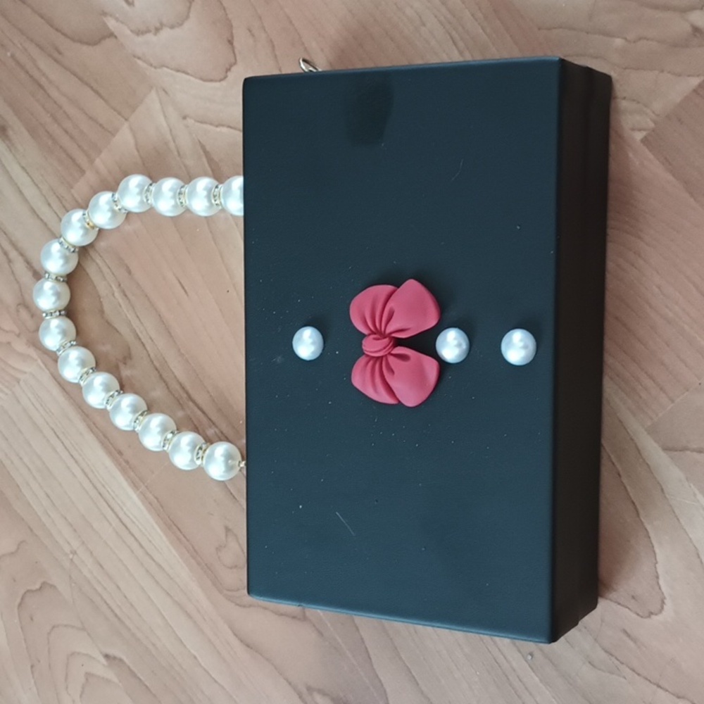 Black red white faux pearl crossbody box handbag